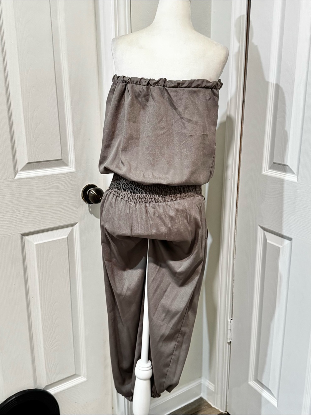 Body Central Light Gray Strapless Smocked-Waist Jumpsuit - Picture 9 of 10